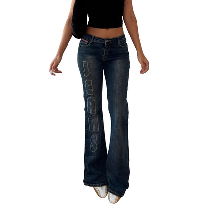 Vintage Dark Wash Denim Bootcut Jeans Logo Embroidery Low Rise Italy Y2K (S)