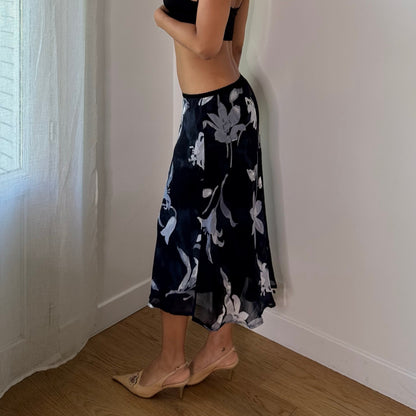 Vintage Italian Black Blue Floral Sheer Mesh Midi Skirt (S)