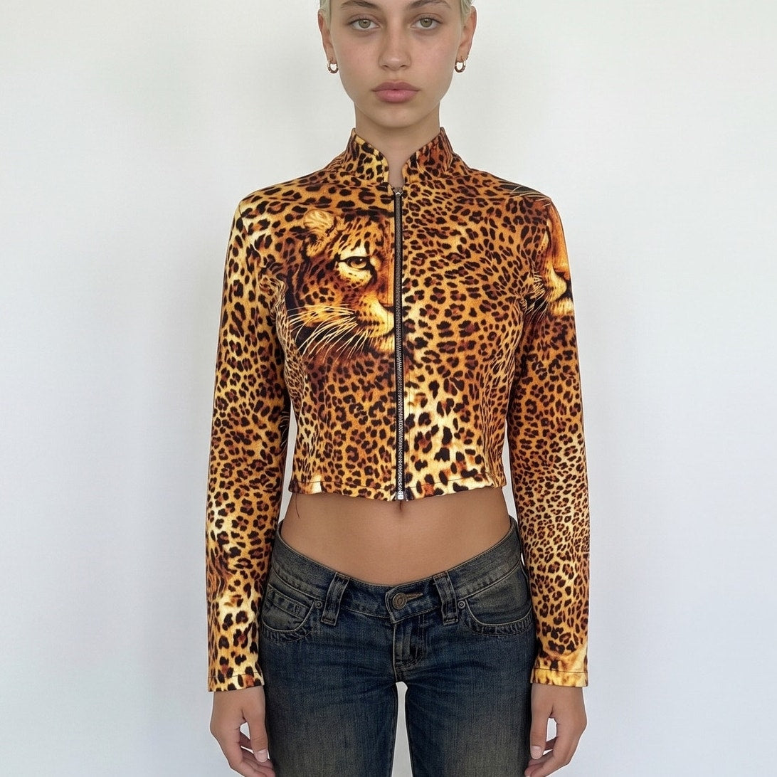 Vintage Brown Black Leopard Print Zip Up Jacket Italian Y2K (S)