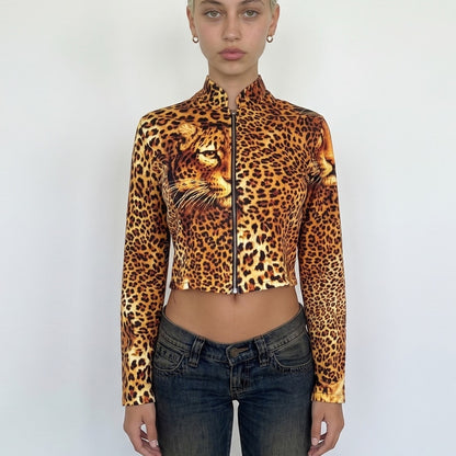 Vintage Brown Black Leopard Print Zip Up Jacket Italian Y2K (S)
