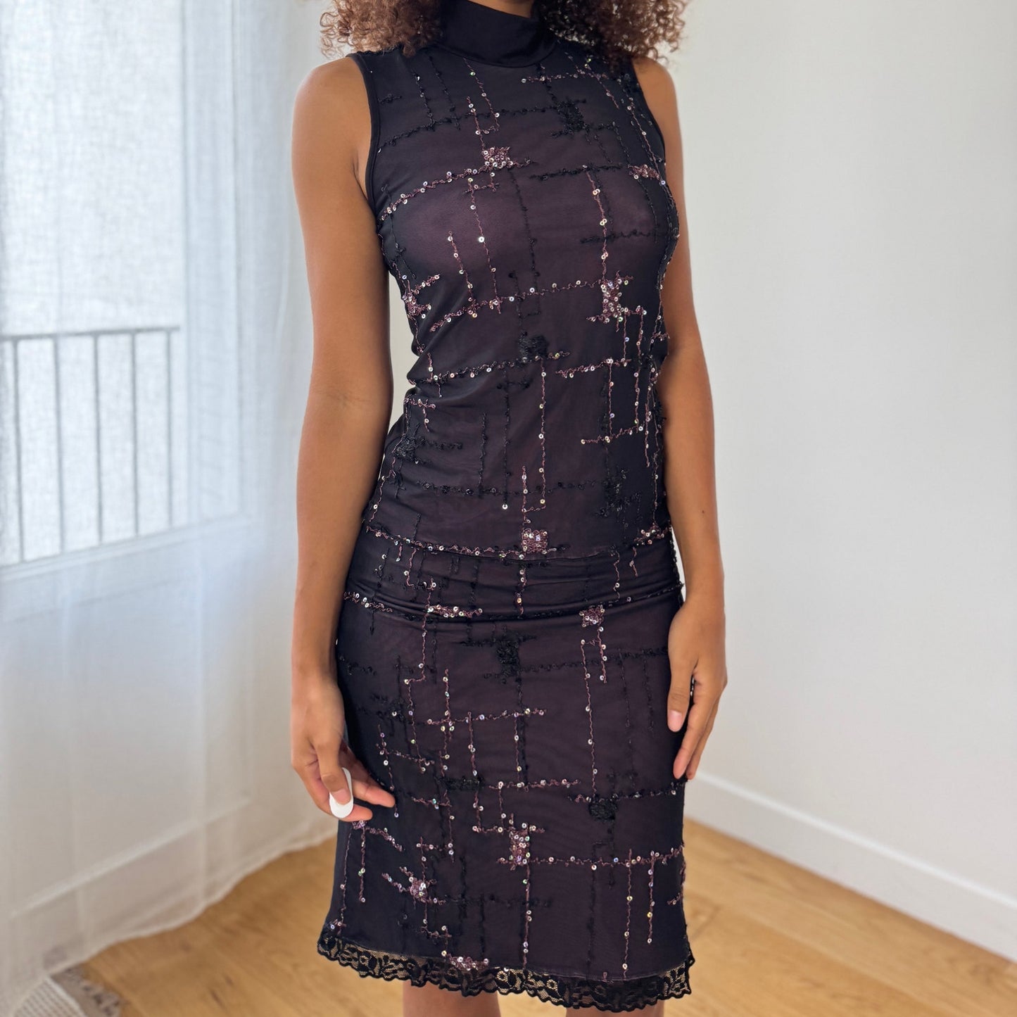 Vintage Italian black sequin embroidered mesh sleeveless top (Small)