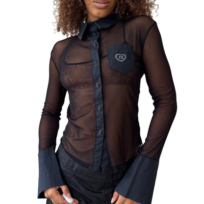 Italian Mesh Sheer Button-Up with Rhinestone Pocket (Small)