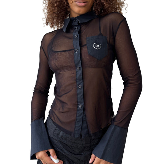 Italian Mesh Sheer Button-Up with Rhinestone Pocket (Small)