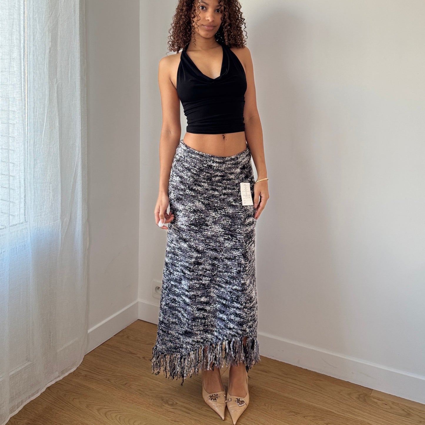 Vintage Grey Marled Knit Midi Skirt Fringe Hem Wool Cotton Deadstock (S)