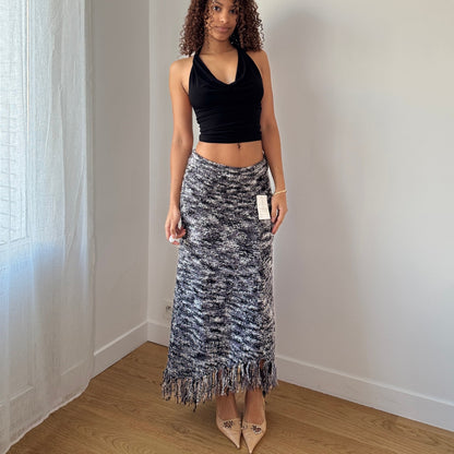 Vintage Grey Marled Knit Midi Skirt Fringe Hem Wool Cotton Deadstock (S)