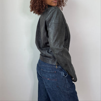Vintage Grey Leather Moto Jacket Zip Front Minimalist Italy Y2K (S/M)