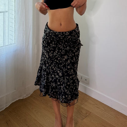 Vintage Italian Black Floral Wool Ruffle Midi Skirt (S)