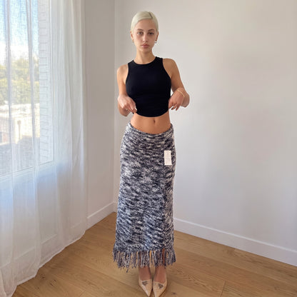 Vintage Grey Marled Knit Midi Skirt Fringe Hem Wool Blend Y2K (S)