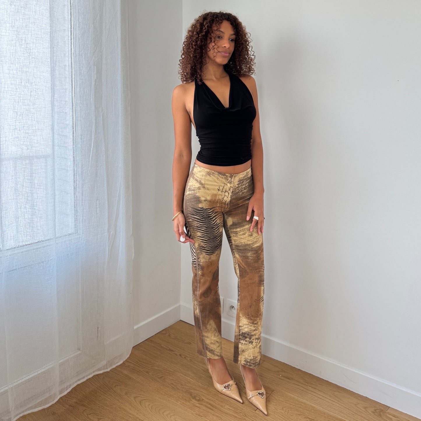 Vintage French abstract earth-tone printed stretch pants with sculpting fit (XS/S)