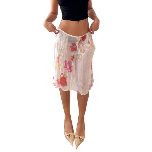 Vintage Sheer Floral Mesh Midi Skirt Soft Pink White Romantic (M)