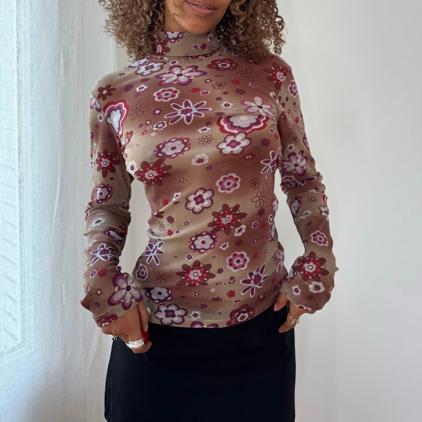 Vintage Taupe Burgundy Pink Floral Mesh Turtleneck Top Euro Y2K (M)