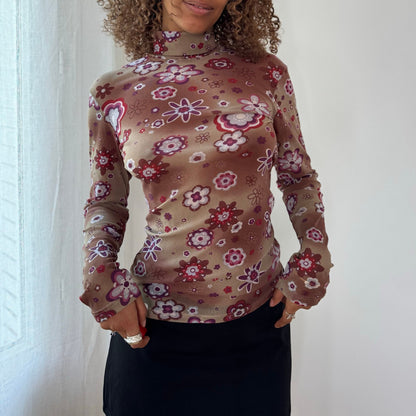 Vintage Taupe Burgundy Pink Floral Mesh Turtleneck Top Euro Y2K (M)