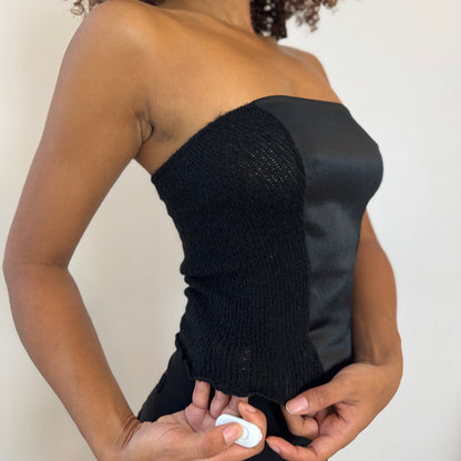 Vintage Italian mohair-blend knit & satin black bustier top (S)