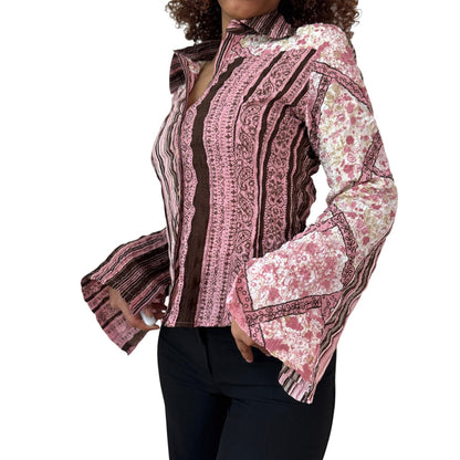 Vintage French Mixed Print Shirt Flared Cuffs (XS/S)