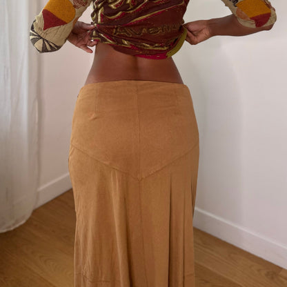 Italian vintage camel brown low-rise maxi skirt with asymmetric hem