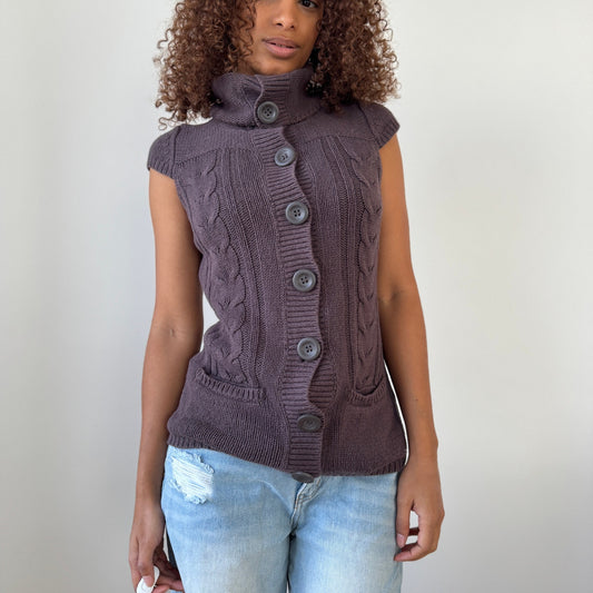 Vintage French Brown Knit Sleeveless Button Front Vest Top (Small)