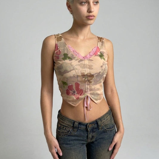 Vintage Euro Mesh Top Nude Floral Lace Trim Fairy Grunge (S)