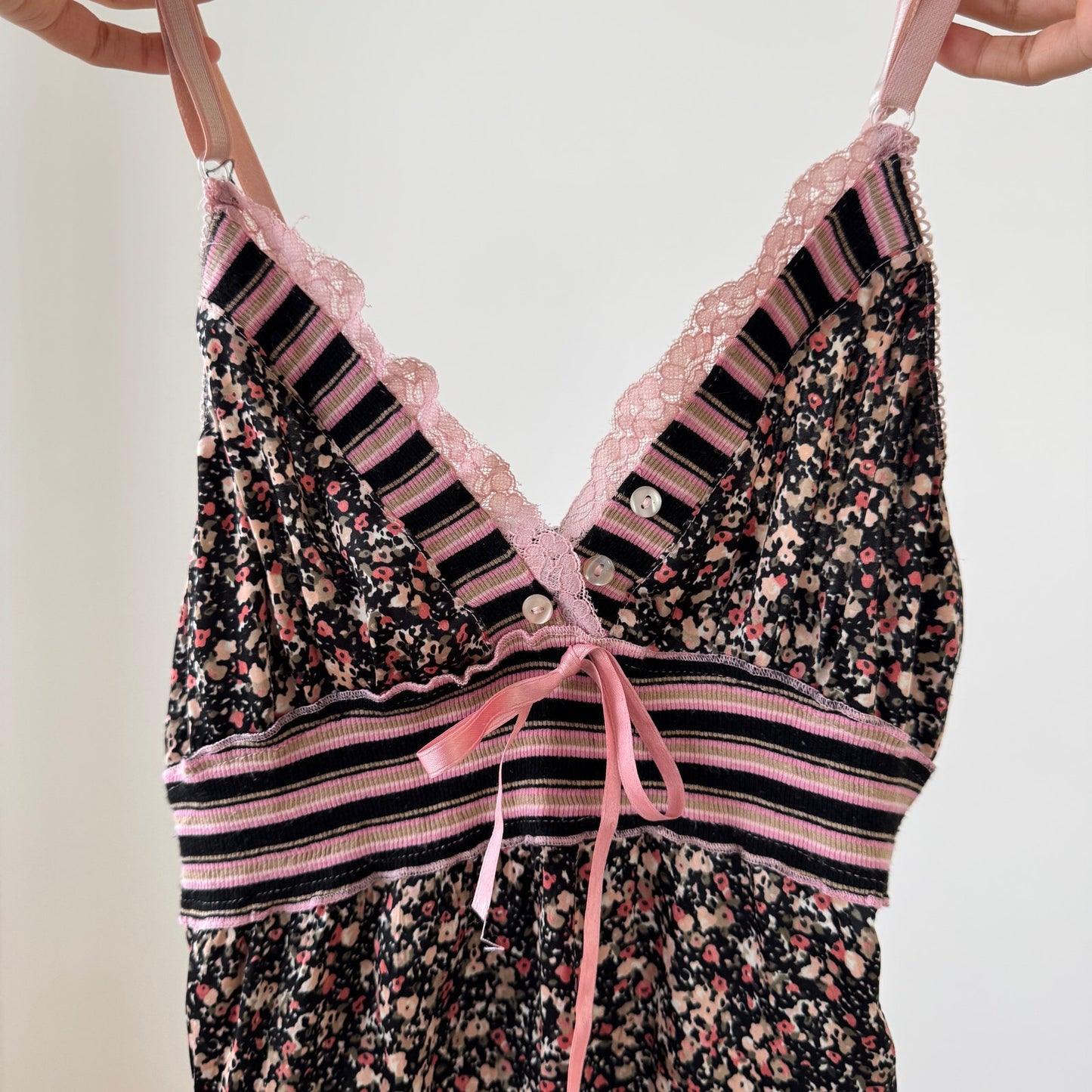 Vintage Euro Floral Satin Knit Cami Top Lace Trim Mixed Texture (S/M)