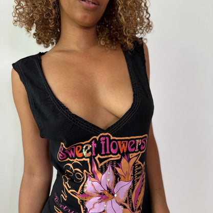 Vintage Black Graphic Sequin Tank Top Floral Deep V Neck Italian Y2K (S/M)