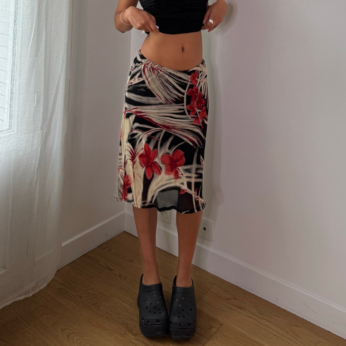 Vintage Black Red Floral Mesh Midi Skirt Double Lined Euro Y2K (S)