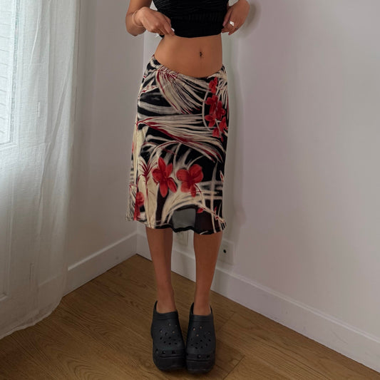 Vintage Black Red Floral Mesh Midi Skirt Double Lined Euro Y2K (S)