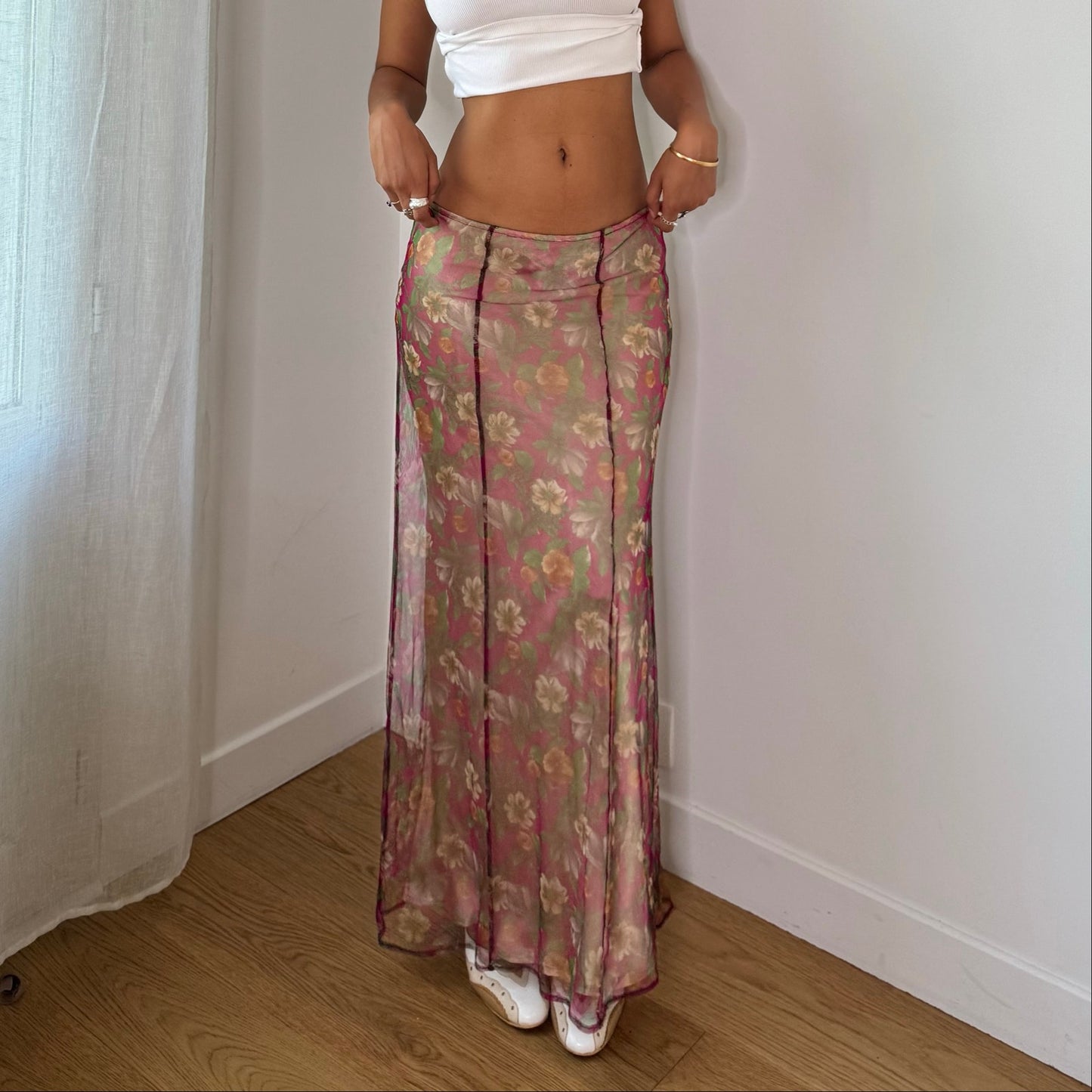 Vintage Pink Green Floral Silk Mesh Maxi Skirt Italian Y2K (S/M)