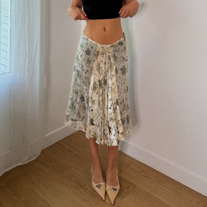 Vintage Cream Sage Green Floral Pleated Mesh Midi Skirt Euro Y2K (S)
