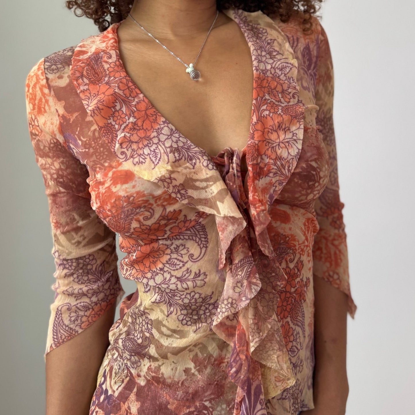 Vintage Peach Mauve Floral Mesh Ruffle Top Italian Y2K (S)