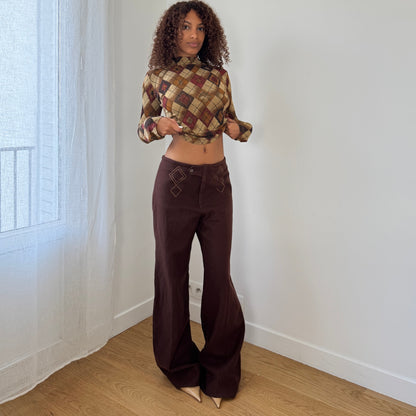 Vintage Italian chocolate brown wide-leg trousers with embroidered front details (S/M)