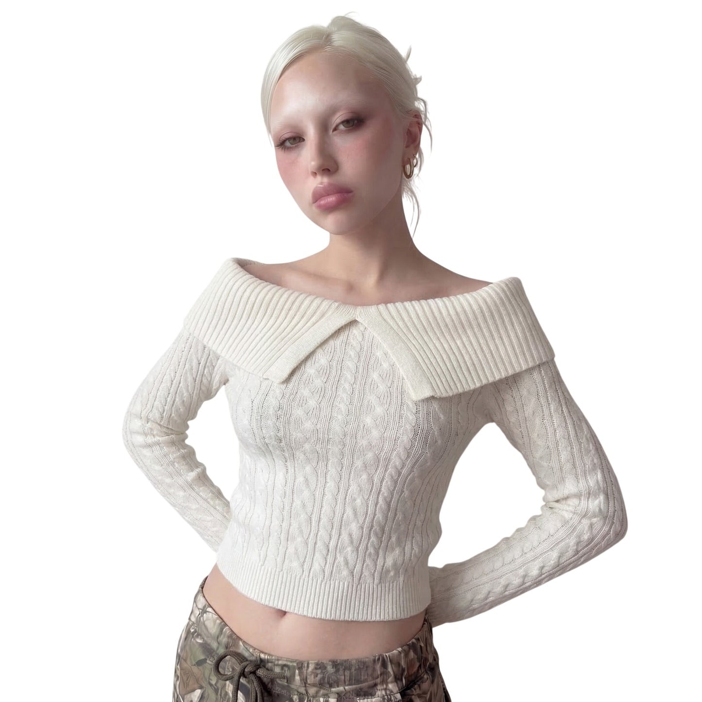 Vintage White Cable Knit Sweater Wide Foldover Collar Fitted Cropped (S)