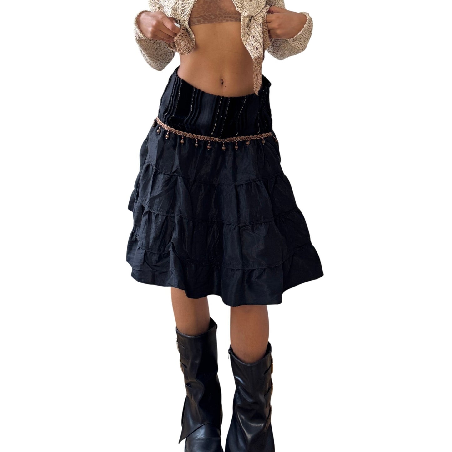 Vintage Italian black tiered midi skirt with velvet panel & beaded trim (S)