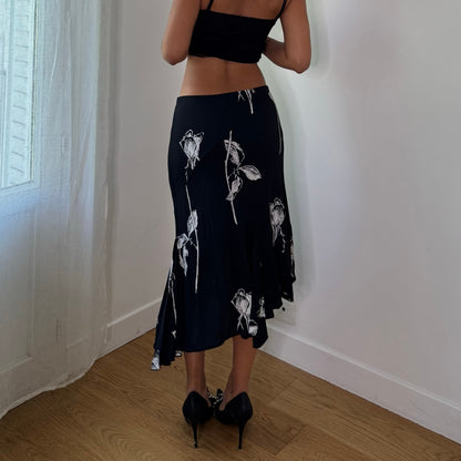 Vintage Black White Floral Mesh Midi Skirt Double Layer Italian Y2K (S)