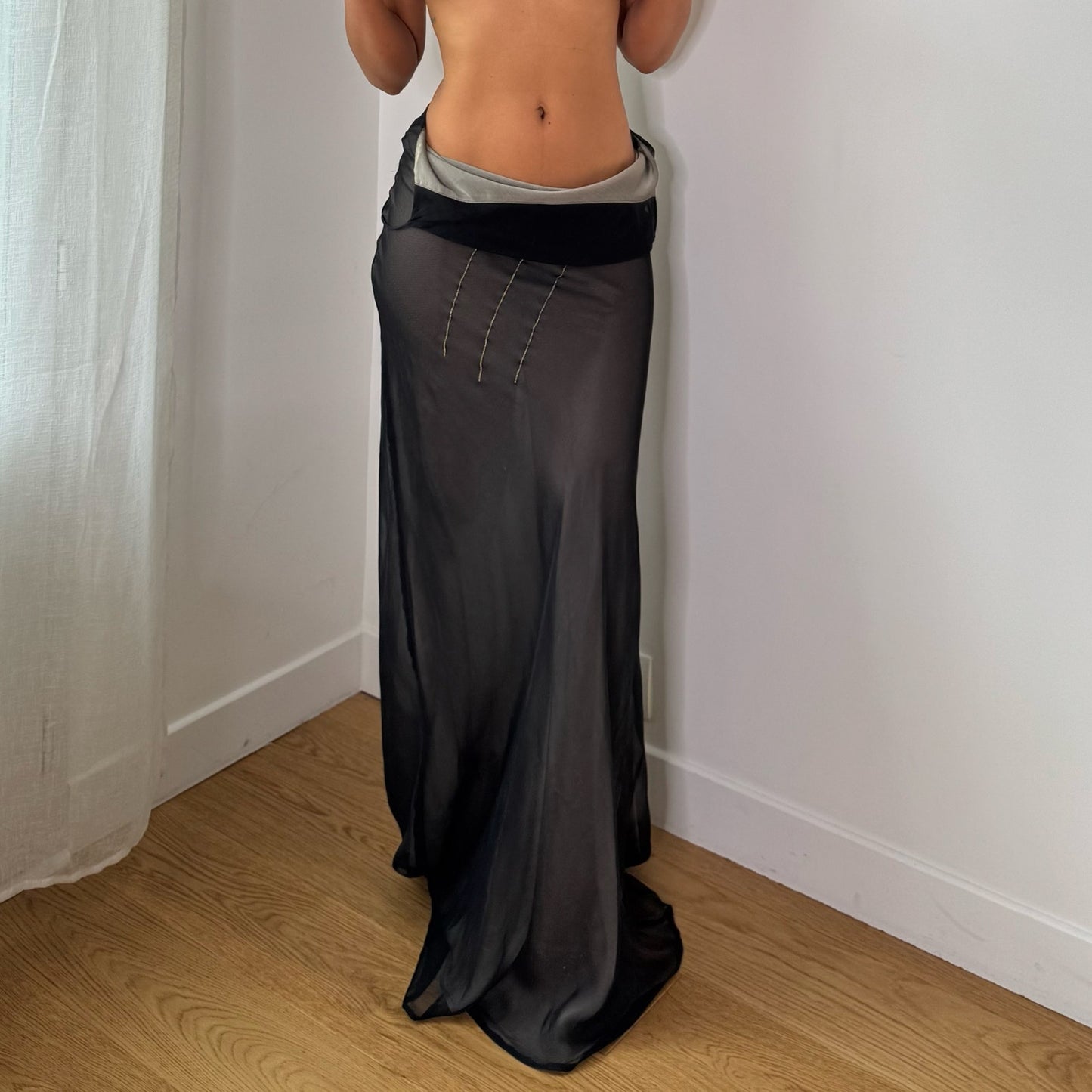 Vintage Grey Black Sheer Mesh Floral Maxi Dress Skirt Italian Y2K (S)
