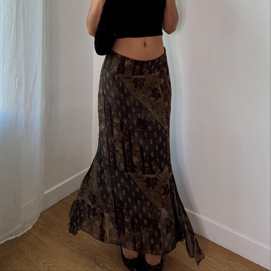 Vintage Brown Gold Mesh Maxi Skirt Baroque Sheer Layered Y2K Skirt (S) ⠀
