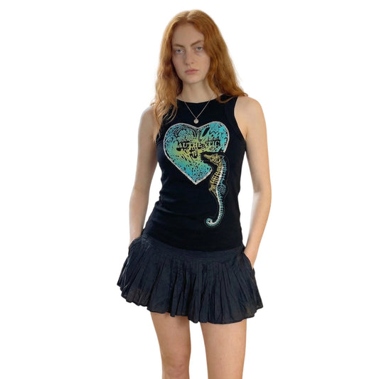 Vintage Italian Y2K Open Back Tank with Embroidered Seahorse & Sequin Detail (S)