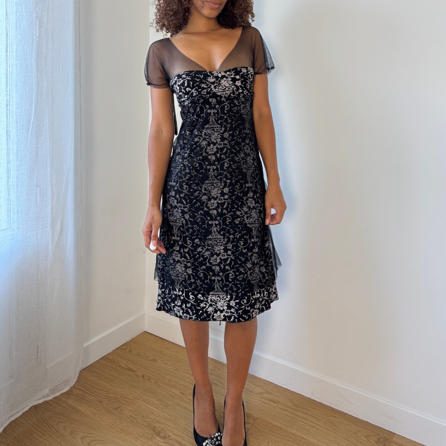 Vintage Italian Mesh Overlay Midi Dress (S)