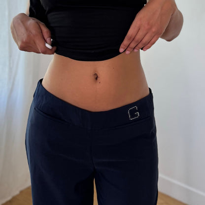 Vintage French Navy Rhinestone Wide Leg Trousers Y2K (S)