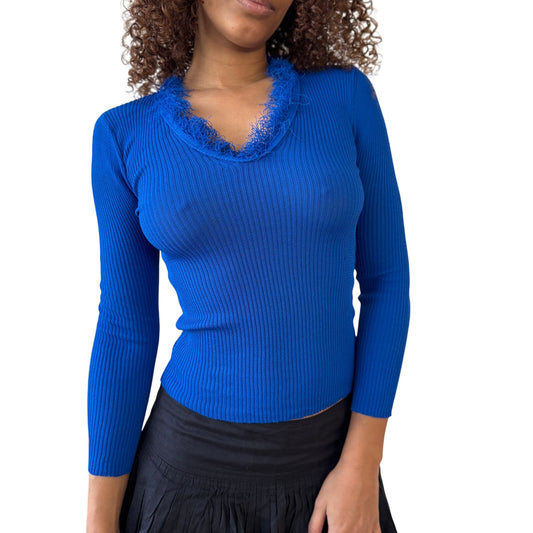 Vintage Italian Y2K Cobalt Blue Ribbed Knit Feather Trim Long Sleeve Top (Small)