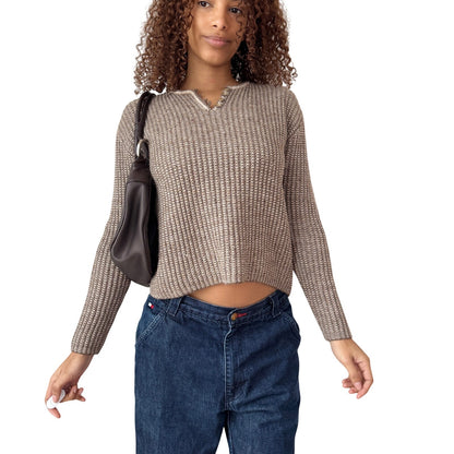 Vintage French Taupe Ribbed Knit Sweater Wool Alpaca Blend (S)