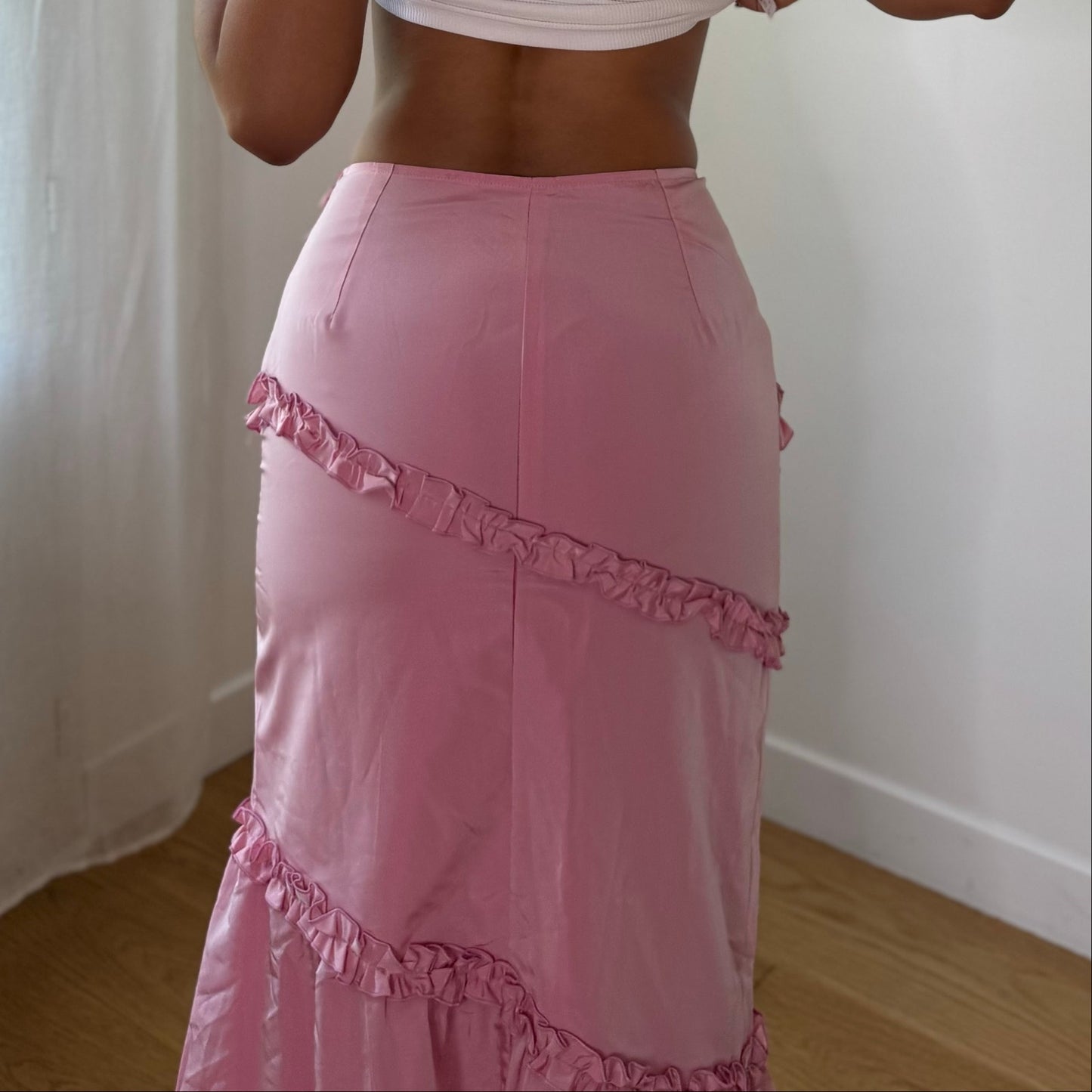 Vintage Baby Pink Satin Ruffle Mermaid Maxi Skirt Euro Y2K (XS/S)