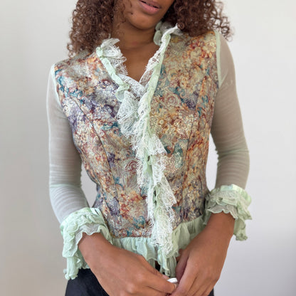 Vintage French designer mint mesh & brocade ruffle blouse (S/M)