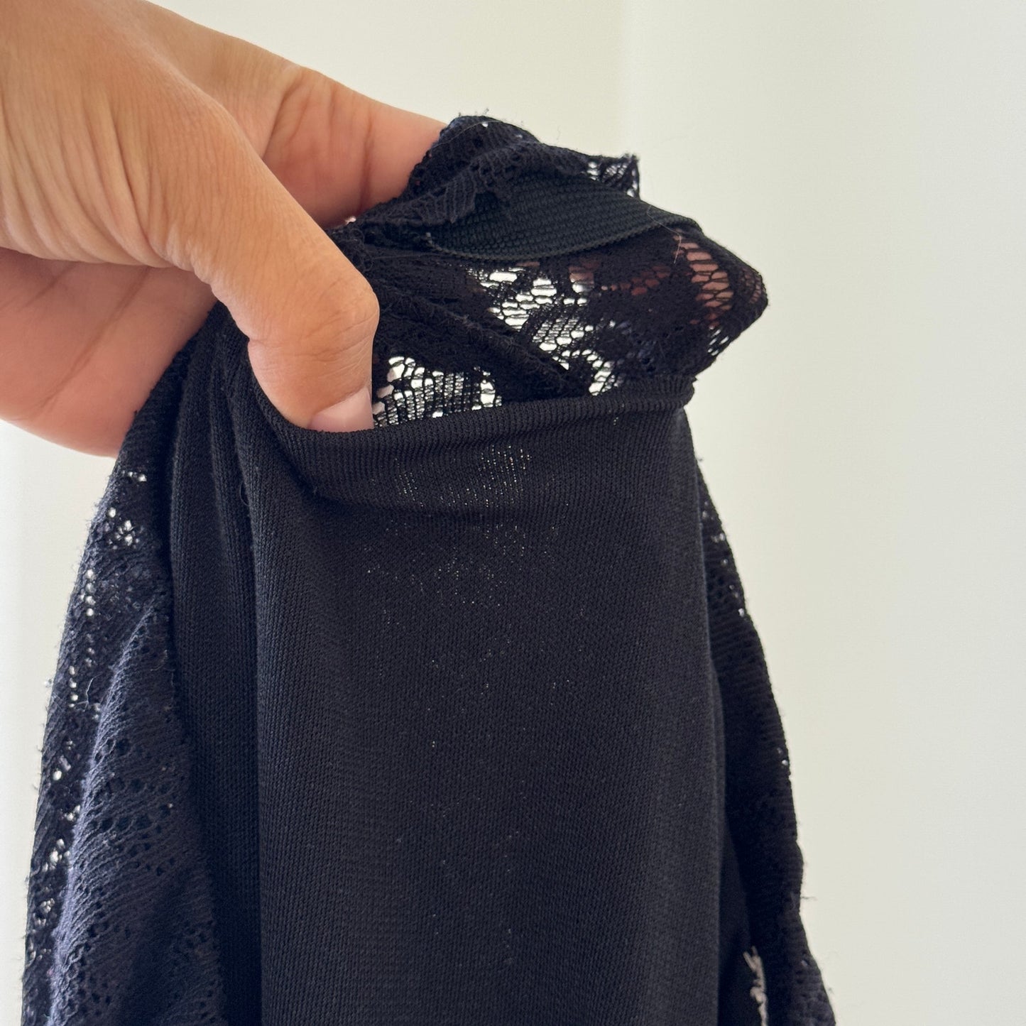 Vintage Euro black lace asymmetric flounce skirt with satin trim (Small)