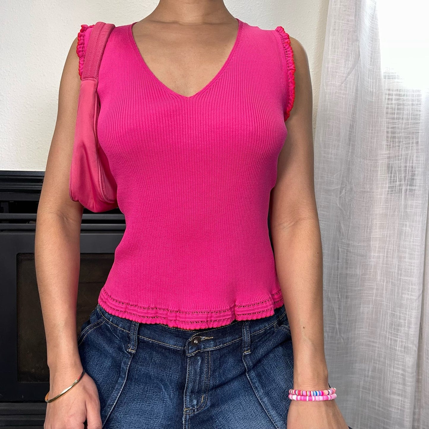 Vintage 00s Missoni Hot Pink Knit V neck tank with ruffle details (S)