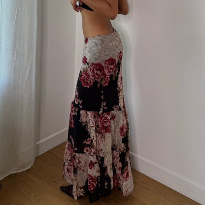 Vintage Black Dusty Pink Burgundy Rose Floral Mesh Maxi Skirt Euro Y2K (S)