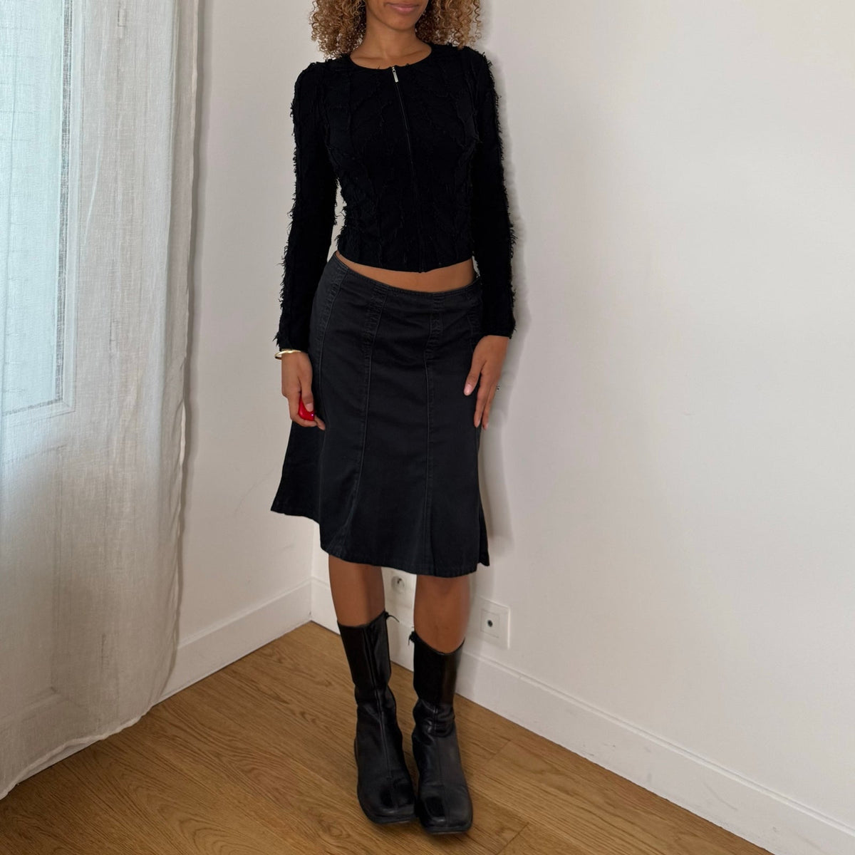 French vintage 2000s black denim knee-length skirt with flared panels & back zipper