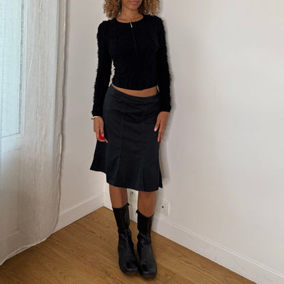 French vintage 2000s black denim knee-length skirt with flared panels & back zipper