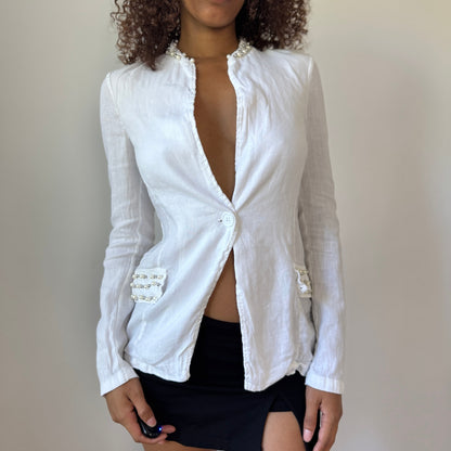 Vintage Euro White Linen Blazer with Pearl and Stud Detail (S)