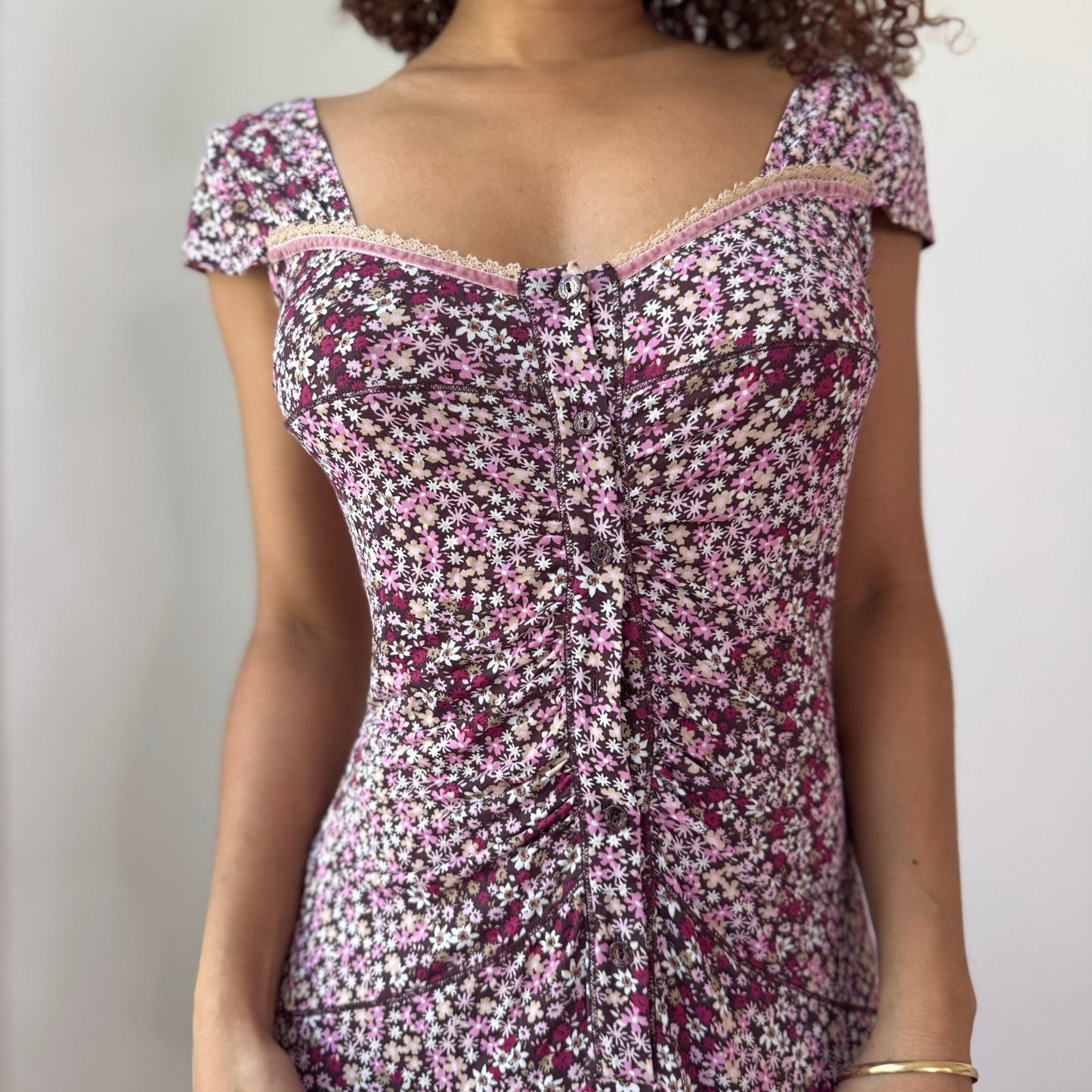 Vintage Floral Mini Dress Ruched Button Front Slinky Liu Jo Y2K (S) ⠀