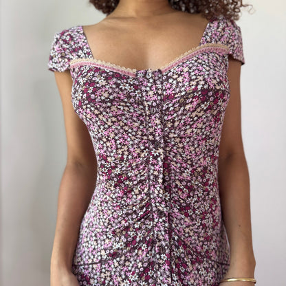 Vintage Floral Mini Dress Ruched Button Front Slinky Liu Jo Y2K (S) ⠀