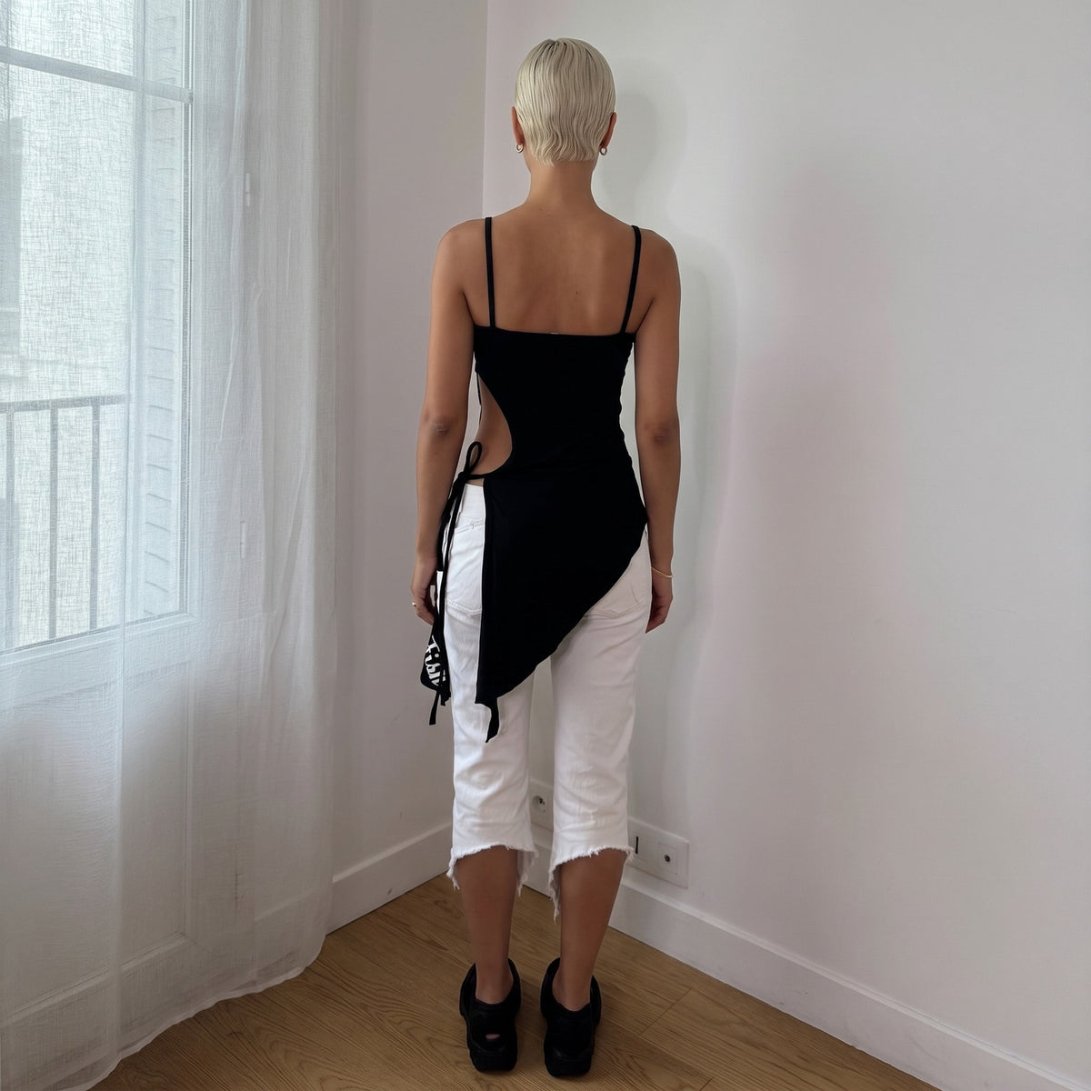 Vintage Punkyfish Black & White Graphic Cut-Out Tie Top (S)